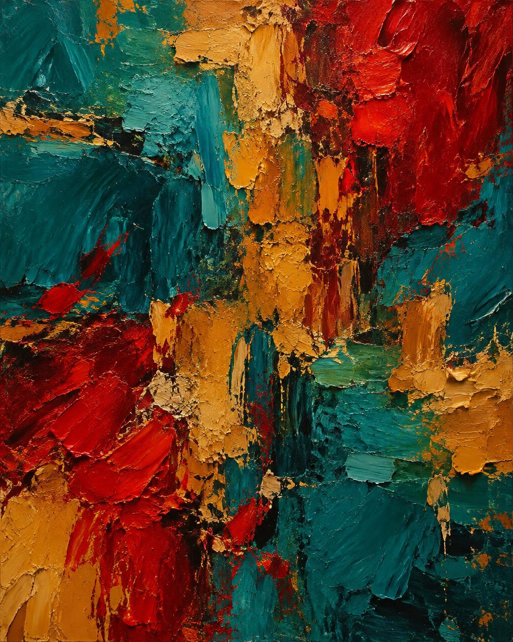 Illustrative abstract impasto painting in teal, ochre and red