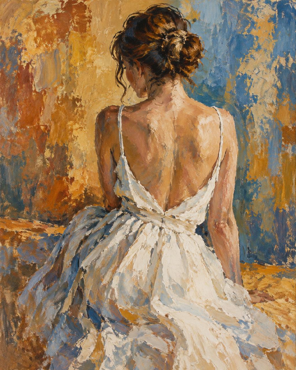 Illustrative figurative painting of a woman in a white dress