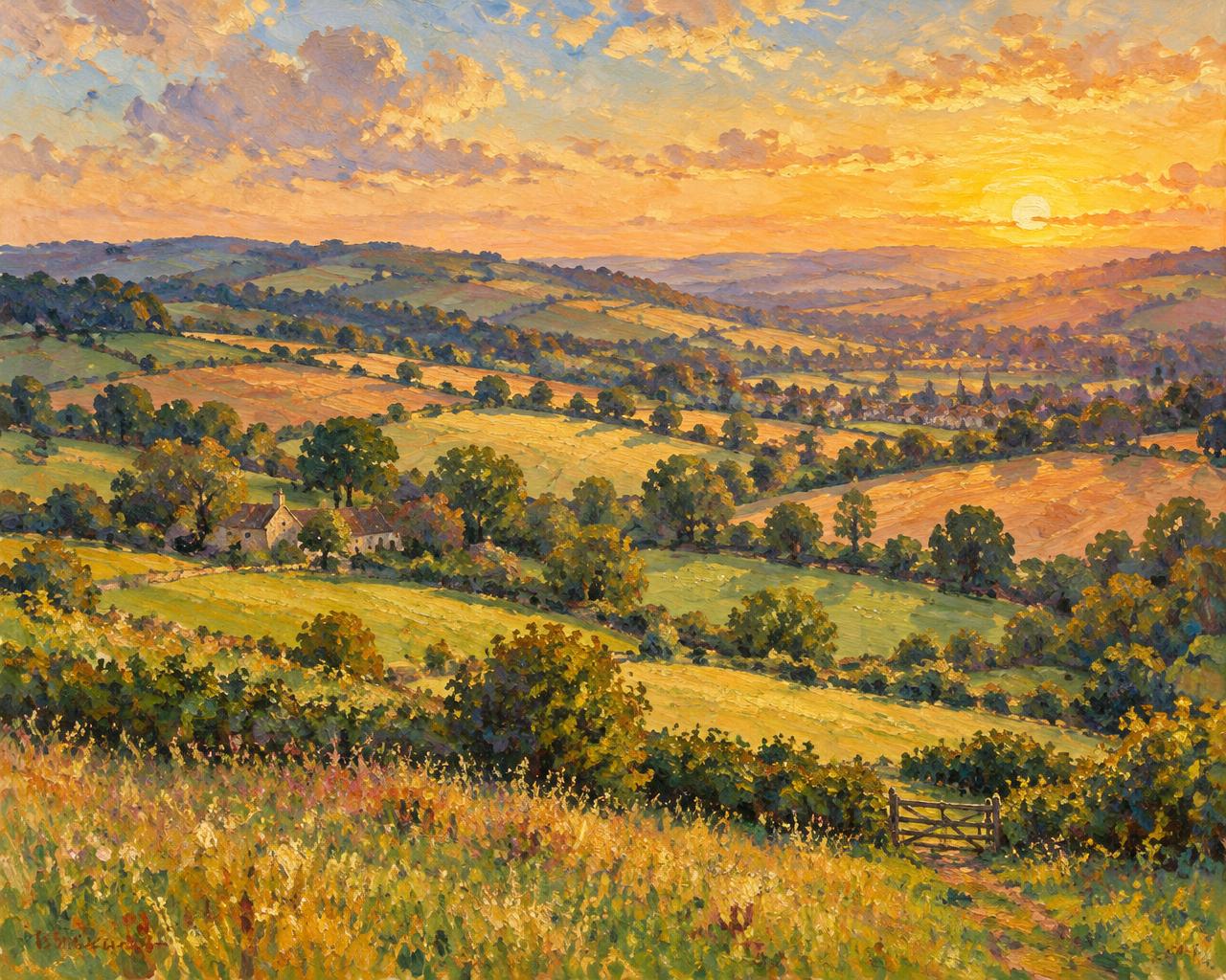 Illustrative landscape of English hills at golden hour